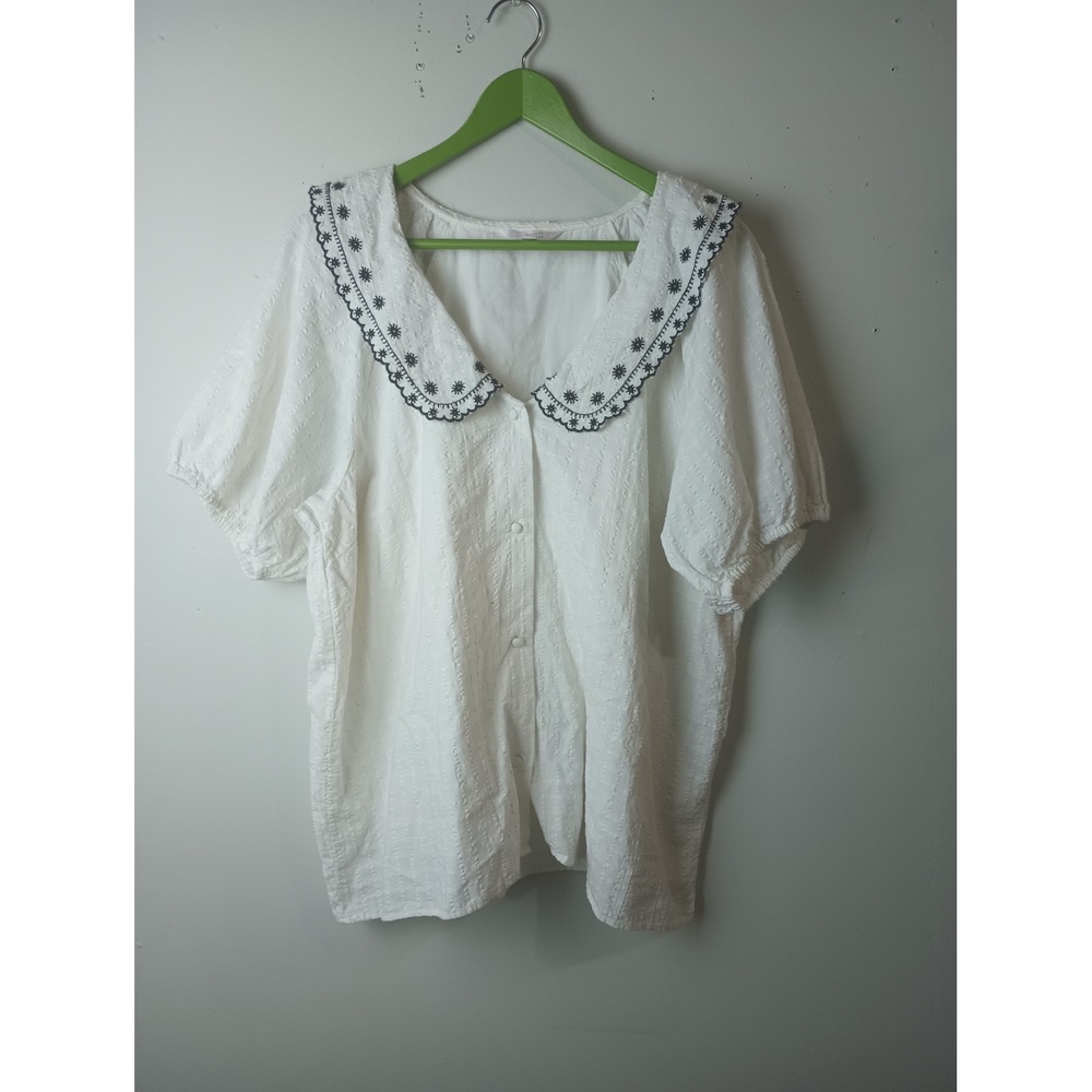 LC Lauren Conrad White Embroidered Peter Pan Collar Cotton Blouse XXL